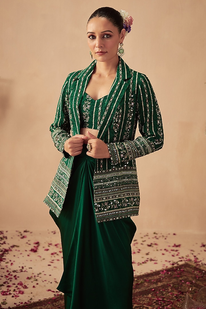 Green Crepe Printed & Hand Embroidered Jacket Set by Chhavvi Aggarwal at Pernia's Pop Up Shop