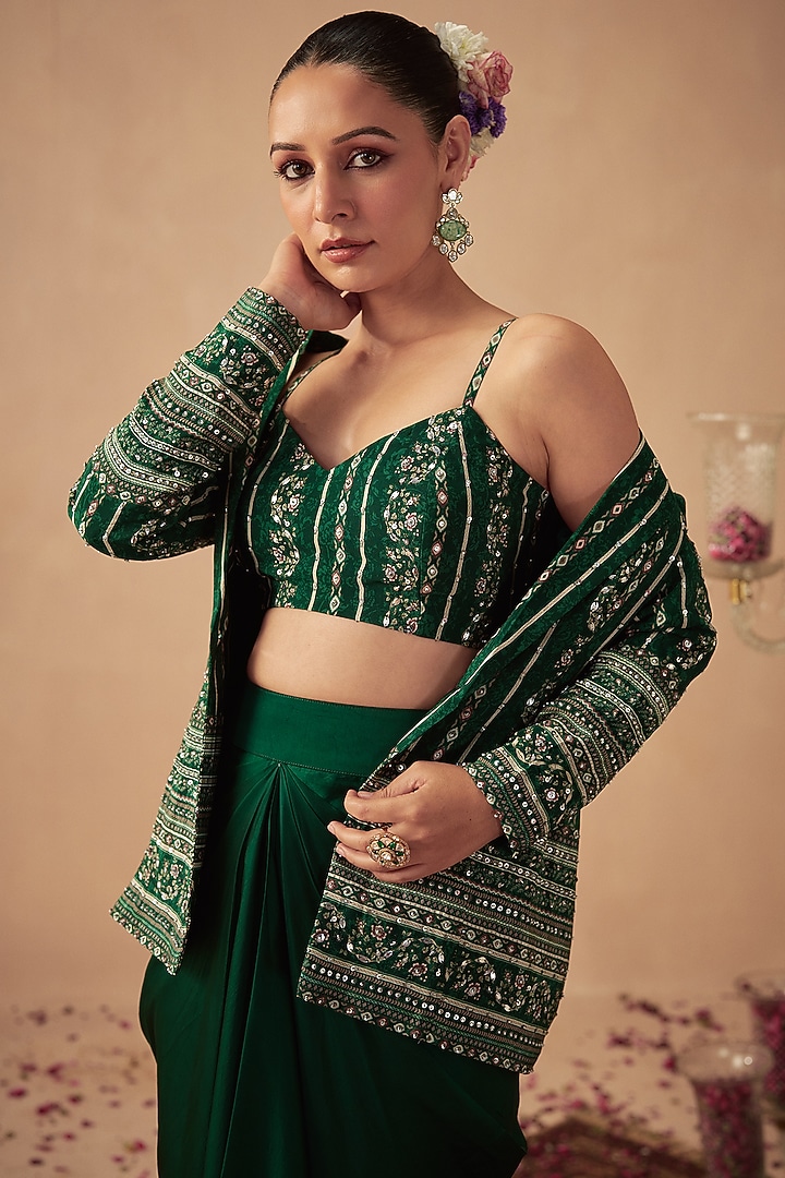 Green Crepe Printed & Hand Embroidered Jacket Set by Chhavvi Aggarwal at Pernia's Pop Up Shop