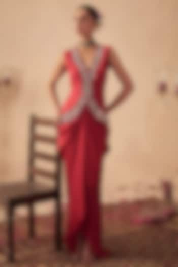 Red Silk Hand Embroidered Jacket Set by Chhavvi Aggarwal at Pernia's Pop Up Shop