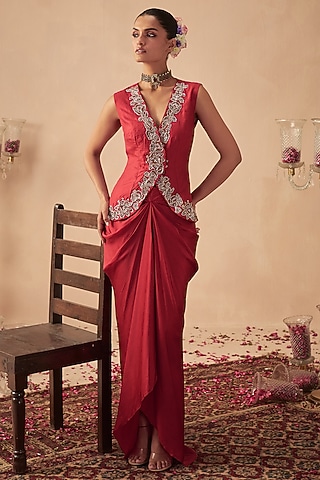 Red Silk Hand Embroidered Jacket Set by Chhavvi Aggarwal