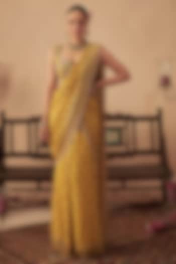 Yellow Georgette Printed Pre-Stitched Wedding Saree Set by Chhavvi Aggarwal at Pernia's Pop Up Shop