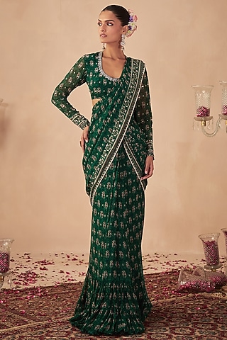 Green Georgette Saree Set by Chhavvi Aggarwal