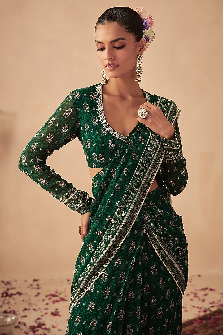 Green Georgette Wedding Saree Set by Chhavvi Aggarwal at Pernia's Pop Up Shop