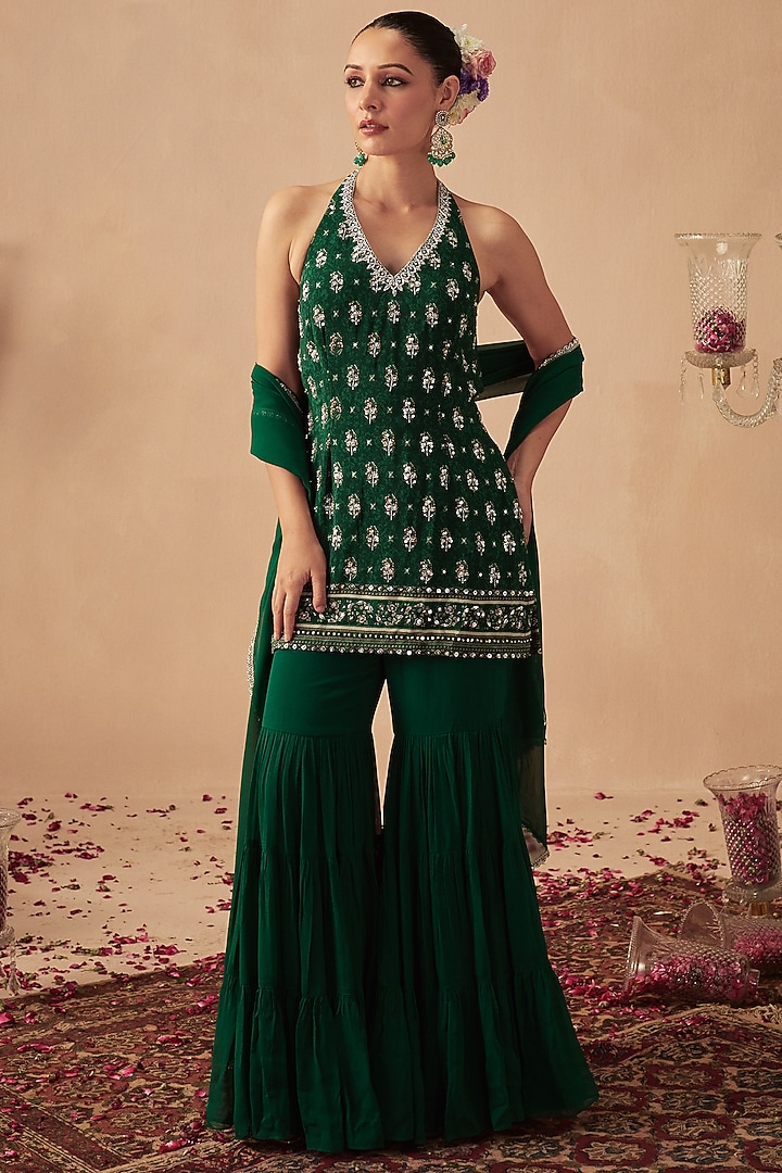 Green Georgette Tiered Sharrara Set by Chhavvi Aggarwal at Pernia's Pop Up Shop