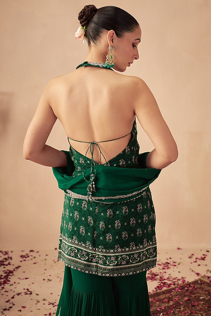 Green Georgette Tiered Wedding Sharara Set by Chhavvi Aggarwal at Pernia's Pop Up Shop