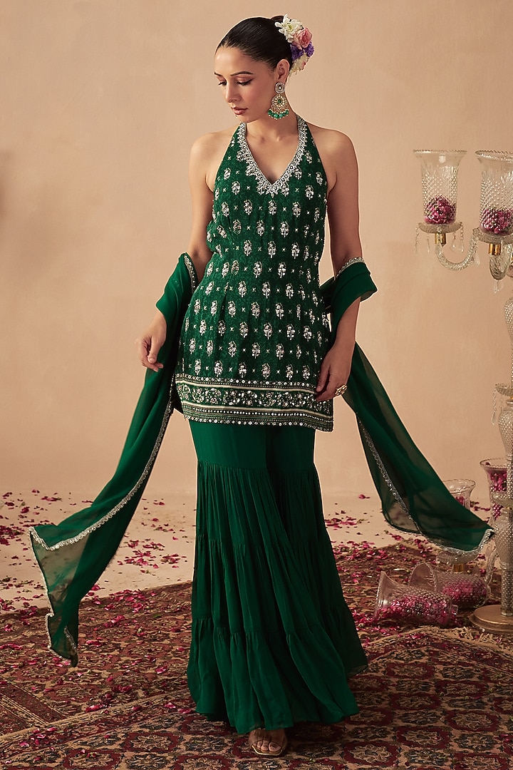 Green Georgette Tiered Wedding Sharara Set by Chhavvi Aggarwal at Pernia's Pop Up Shop