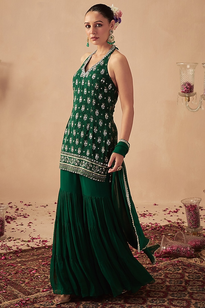 Green Georgette Tiered Wedding Sharara Set by Chhavvi Aggarwal at Pernia's Pop Up Shop