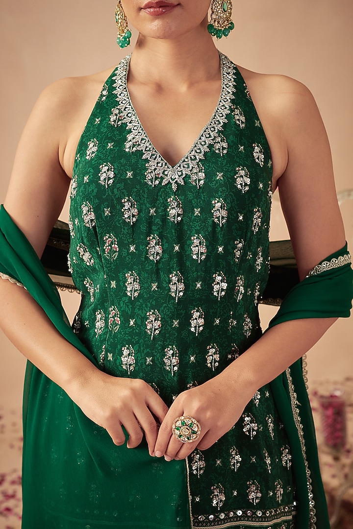 Green Georgette Tiered Wedding Sharara Set by Chhavvi Aggarwal at Pernia's Pop Up Shop