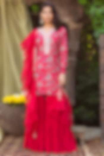 Red Organza & Crepe Party Wear Sharara Set by Chhavvi Aggarwal at Pernia's Pop Up Shop