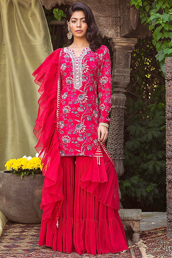 Red Embroidered Sharara Set by Chhavvi Aggarwal