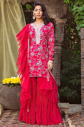 Red Organza & Crepe Sharara Set by Chhavvi Aggarwal