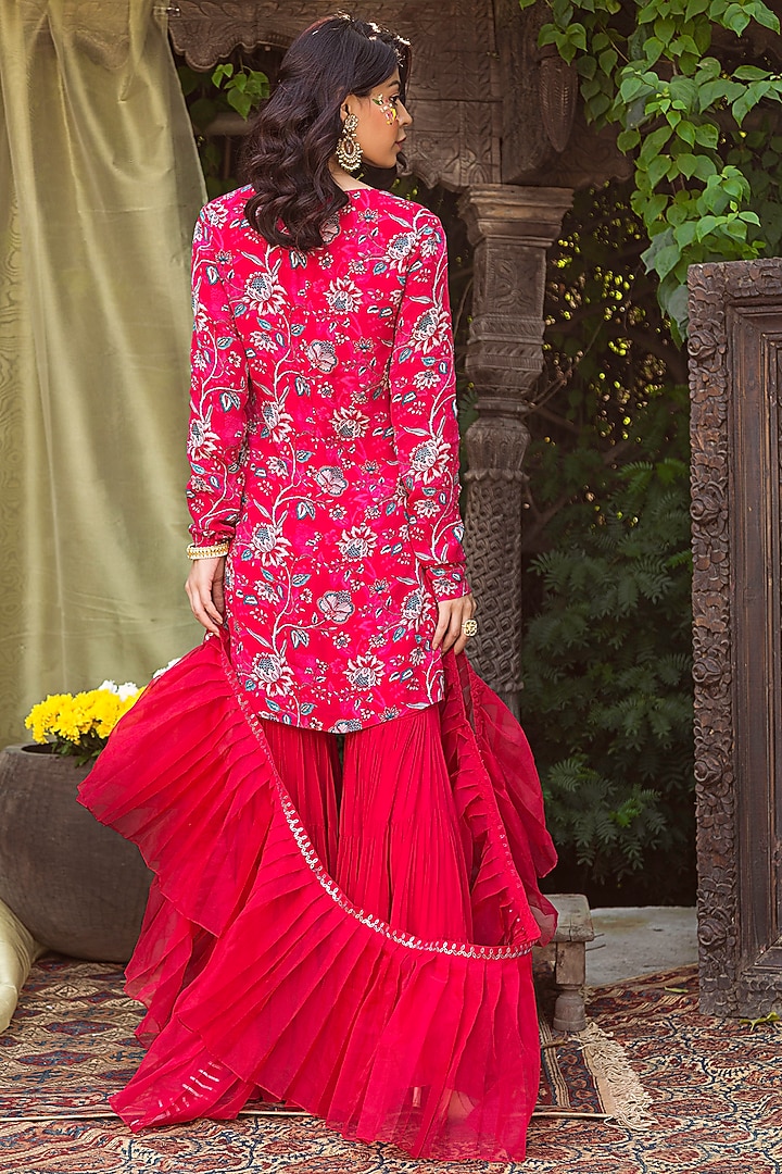 Red Organza & Crepe Party Wear Sharara Set by Chhavvi Aggarwal at Pernia's Pop Up Shop