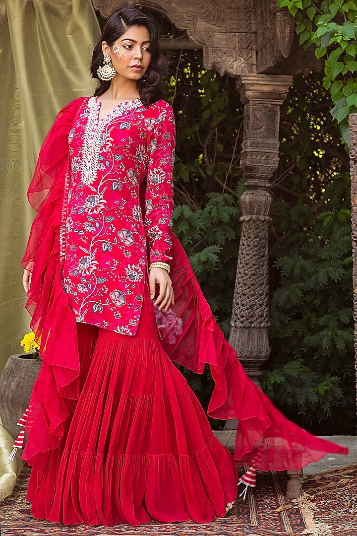Red Organza & Crepe Party Wear Sharara Set by Chhavvi Aggarwal at Pernia's Pop Up Shop