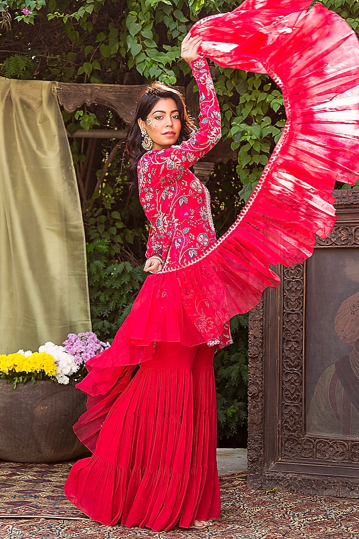 Red Organza & Crepe Party Wear Sharara Set by Chhavvi Aggarwal at Pernia's Pop Up Shop