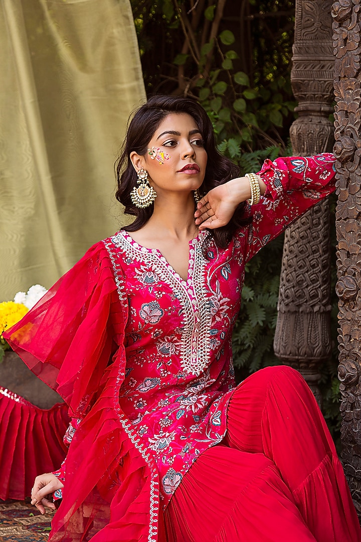 Red Organza & Crepe Party Wear Sharara Set by Chhavvi Aggarwal at Pernia's Pop Up Shop