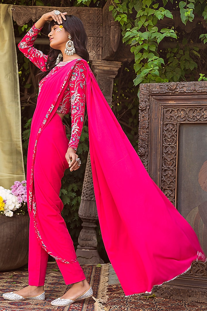 Red Georgette & Crepe Pant Party Wear Saree Set by Chhavvi Aggarwal at Pernia's Pop Up Shop