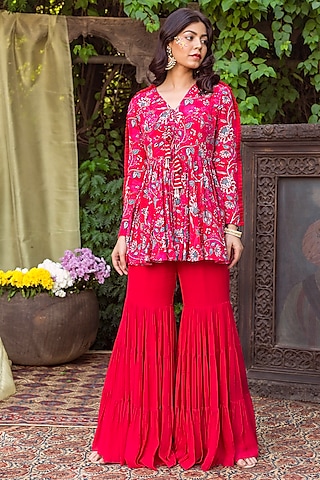 Red Crepe Sharara Set by Chhavvi Aggarwal