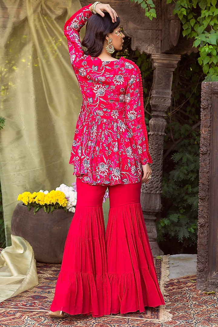 Red Crepe Party Wear Sharara Set by Chhavvi Aggarwal at Pernia's Pop Up Shop