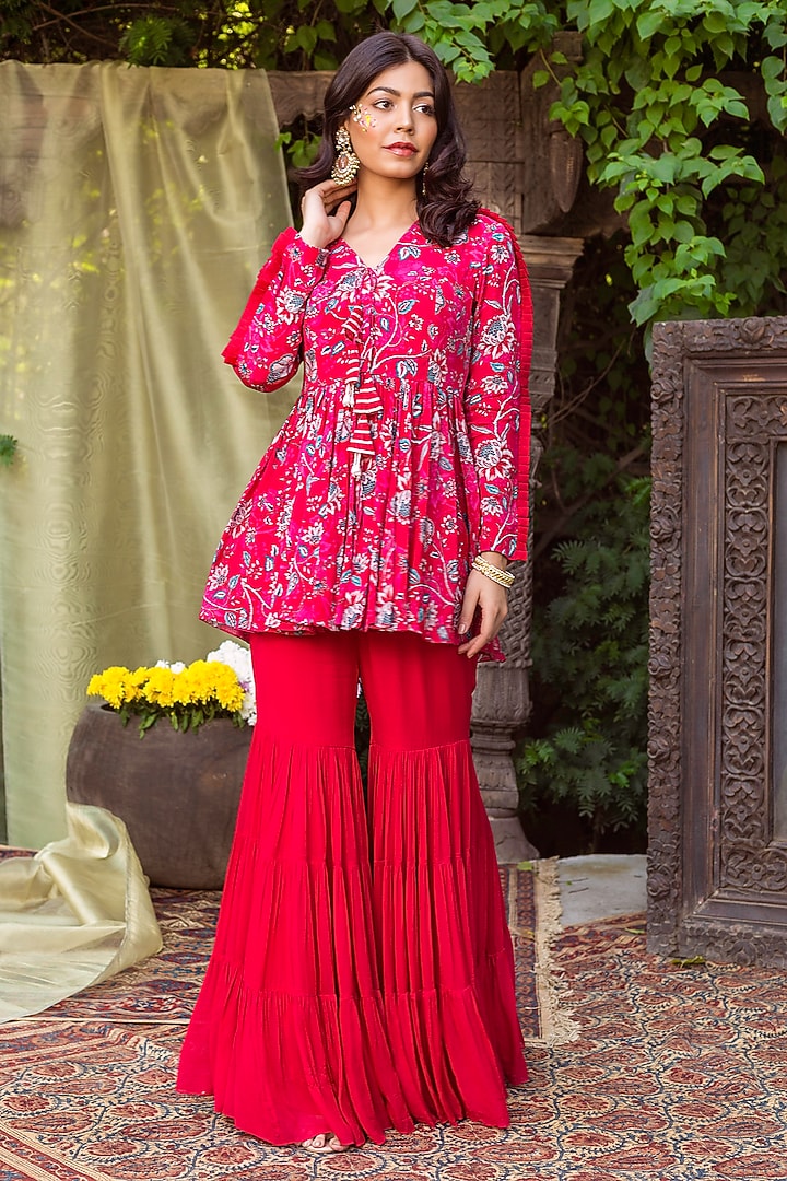 Red Crepe Party Wear Sharara Set by Chhavvi Aggarwal at Pernia's Pop Up Shop