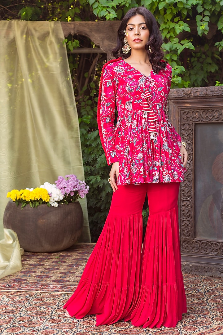 Red Crepe Party Wear Sharara Set by Chhavvi Aggarwal at Pernia's Pop Up Shop