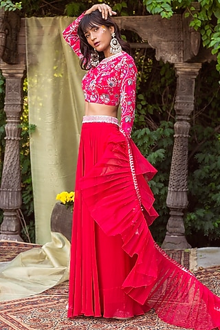 Red Floral Printed Palazzo Set by Chhavvi Aggarwal