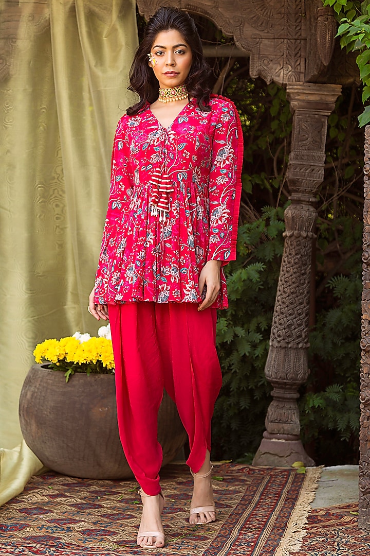 Red Crepe Dhoti Set by Chhavvi Aggarwal