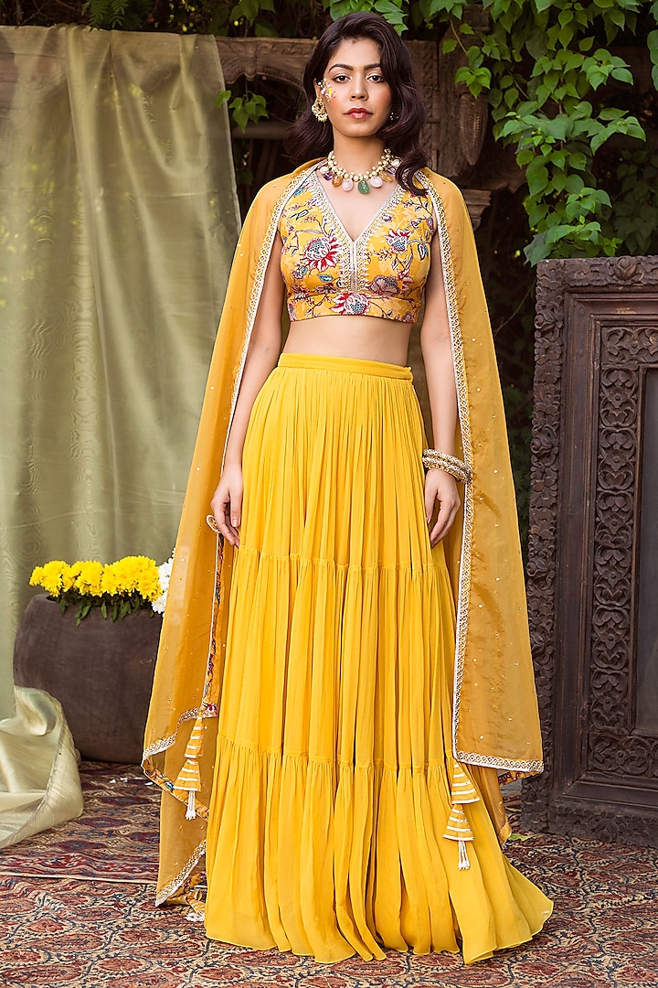 Yellow Crepe & Georgette Lehenga Set by Chhavvi Aggarwal