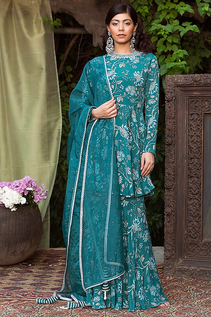 Teal Blue Printed Sharara Set by Chhavvi Aggarwal