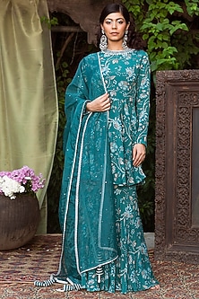 Teal Blue Printed Sharara Set by Chhavvi Aggarwal-PRINT ON PRINT