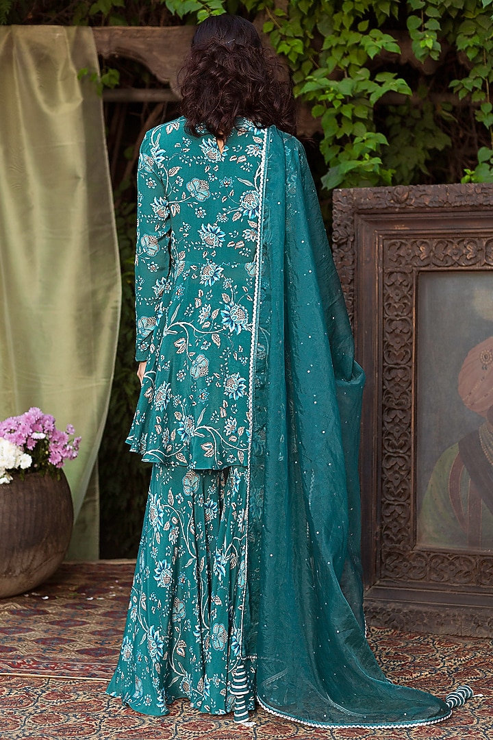 Teal Blue Printed Party Wear Sharara Set by Chhavvi Aggarwal at Pernia's Pop Up Shop