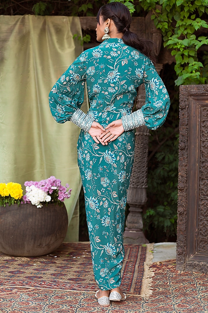Teal Blue Printed Draped Vacation Dress by Chhavvi Aggarwal at Pernia's Pop Up Shop