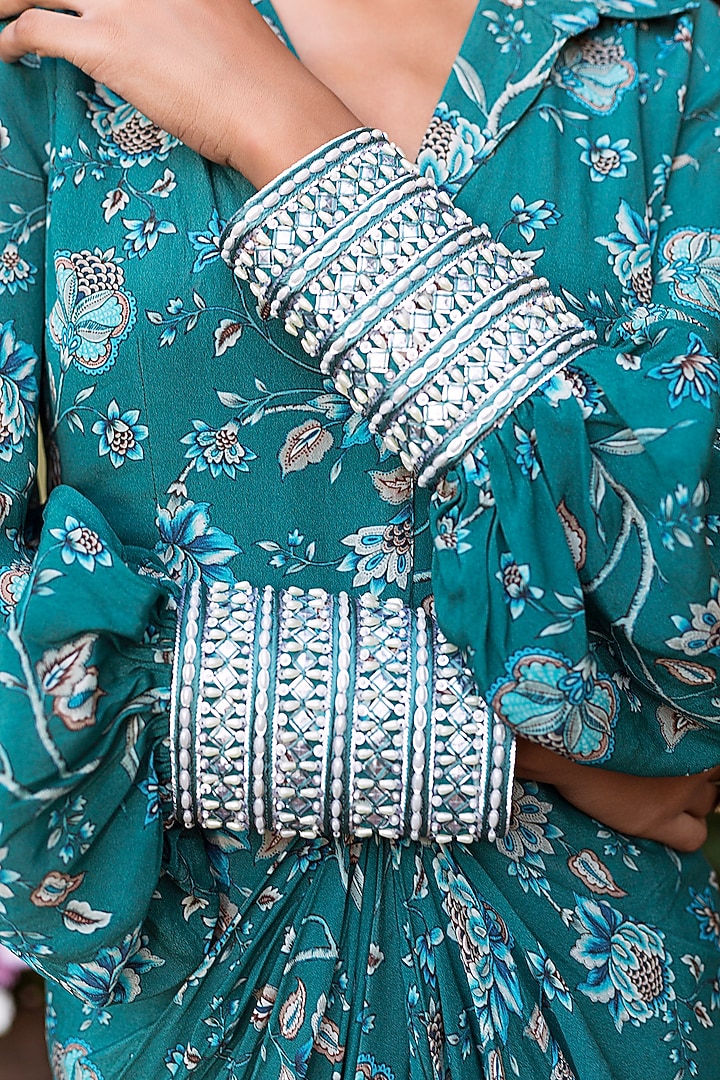 Teal Blue Printed Draped Vacation Dress by Chhavvi Aggarwal at Pernia's Pop Up Shop