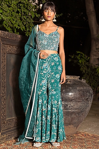 Teal Blue Printed Sharara Set by Chhavvi Aggarwal