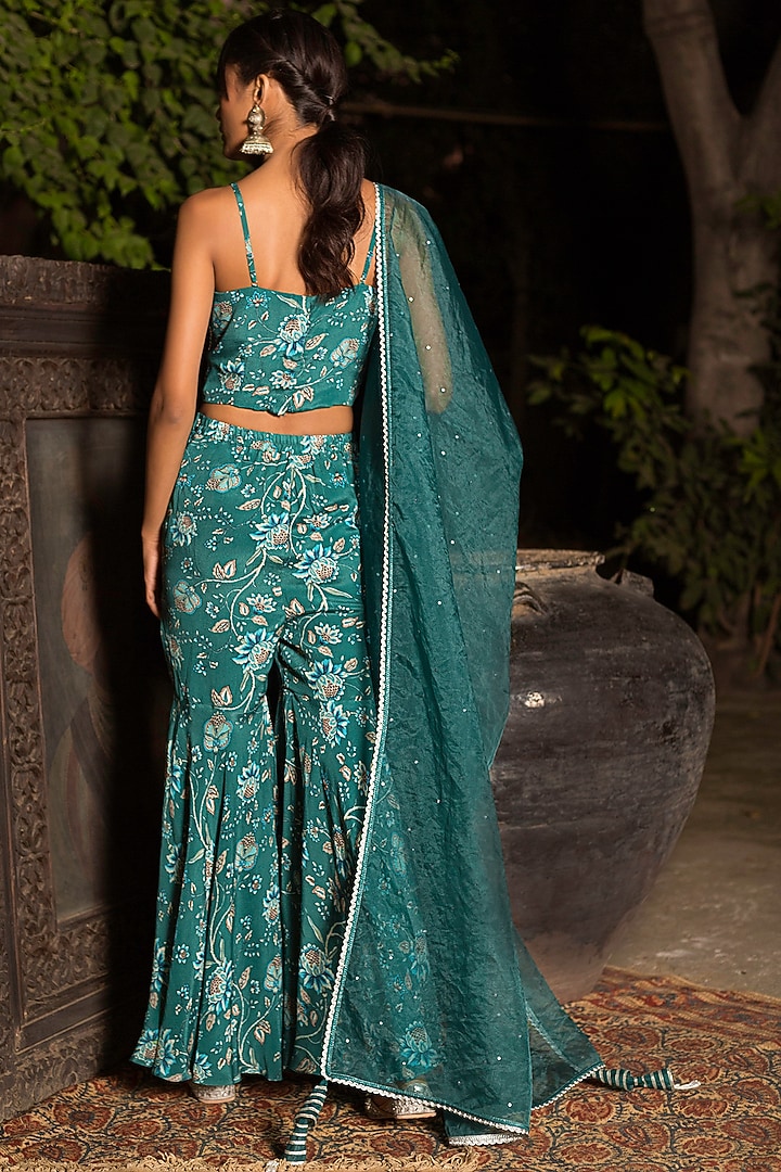 Teal Blue Printed Party Wear Sharara Set by Chhavvi Aggarwal at Pernia's Pop Up Shop