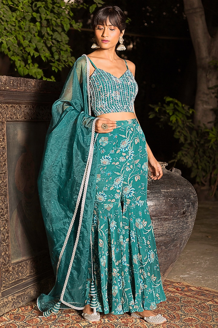 Teal Blue Printed Party Wear Sharara Set by Chhavvi Aggarwal at Pernia's Pop Up Shop