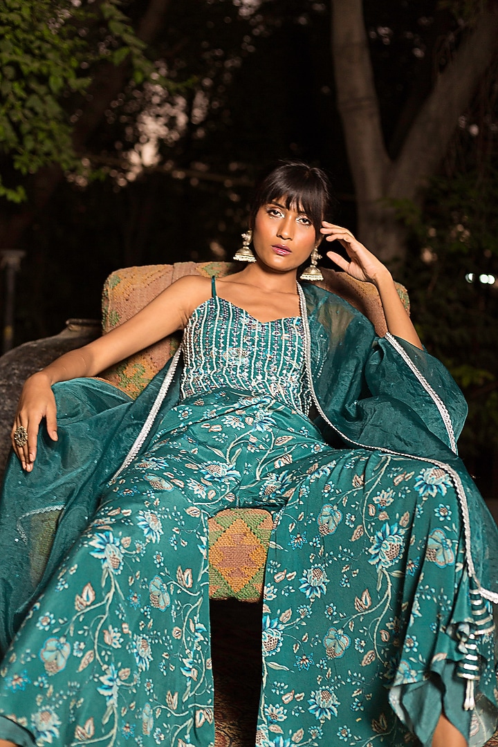 Teal Blue Printed Party Wear Sharara Set by Chhavvi Aggarwal at Pernia's Pop Up Shop