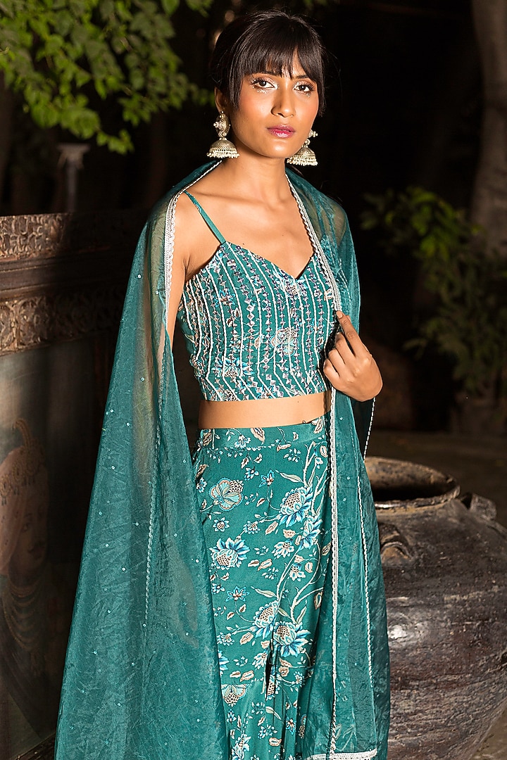 Teal Blue Printed Party Wear Sharara Set by Chhavvi Aggarwal at Pernia's Pop Up Shop