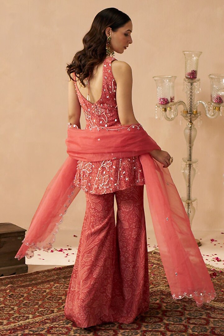 Coral Crepe Hand Embroidered Tunic Set For Girls by Chhavvi Aggarwal - Kids at Pernia's Pop Up Shop