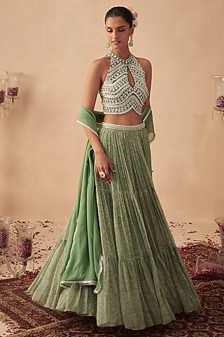 Sage Green Georgette Printed Lehenga Set For Girls by Chhavvi Aggarwal - Kids