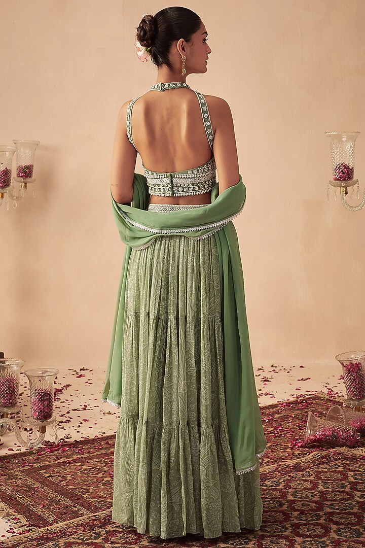 Sage Green Georgette Printed Lehenga Set For Girls by Chhavvi Aggarwal - Kids at Pernia's Pop Up Shop