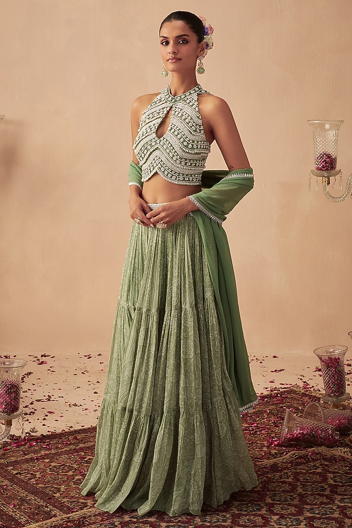 Sage Green Georgette Printed Lehenga Set For Girls by Chhavvi Aggarwal - Kids at Pernia's Pop Up Shop