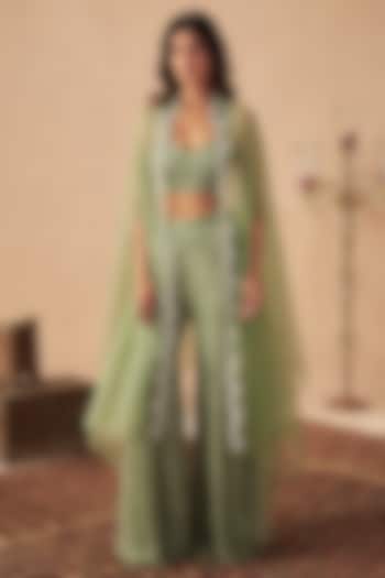 Sage Green Crepe & Organza Cape Set For Girls by Chhavvi Aggarwal - Kids at Pernia's Pop Up Shop