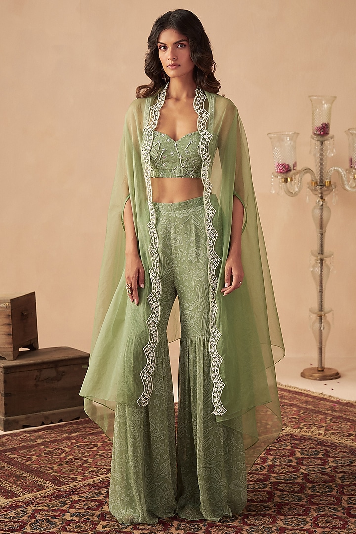 Sage Green Crepe & Organza Cape Set For Girls by Chhavvi Aggarwal - Kids at Pernia's Pop Up Shop