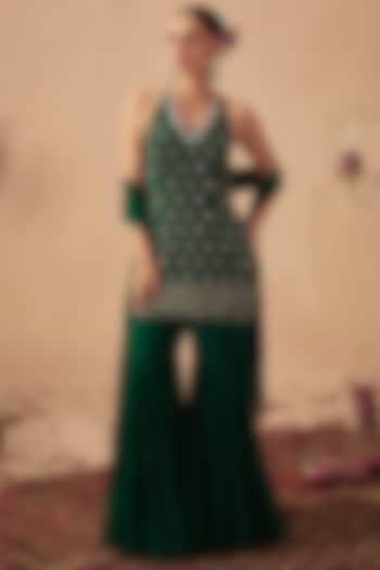 Green Georgette Tiered Sharara Set For Girls by Chhavvi Aggarwal - Kids at Pernia's Pop Up Shop