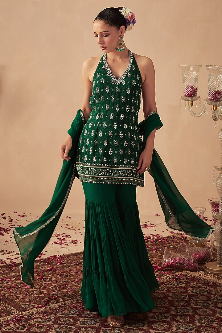 Green Georgette Tiered Sharara Set For Girls by Chhavvi Aggarwal - Kids at Pernia's Pop Up Shop