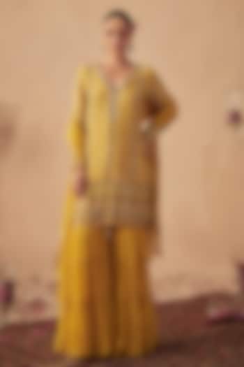 Yellow Georgette Tiered Sharara Set For Girls by Chhavvi Aggarwal - Kids at Pernia's Pop Up Shop