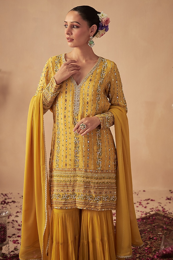 Yellow Georgette Tiered Sharara Set For Girls by Chhavvi Aggarwal - Kids at Pernia's Pop Up Shop