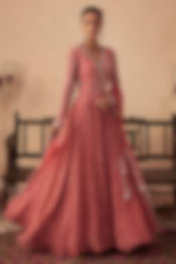 Coral Georgette Hand Embroidered Anarkali Set For Girls by Chhavvi Aggarwal - Kids at Pernia's Pop Up Shop