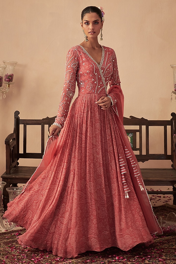 Coral Georgette Hand Embroidered Anarkali Set For Girls by Chhavvi Aggarwal - Kids at Pernia's Pop Up Shop