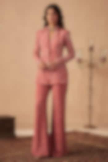 Coral Crepe Hand Embroidered Jacket Set For Girls by Chhavvi Aggarwal - Kids at Pernia's Pop Up Shop